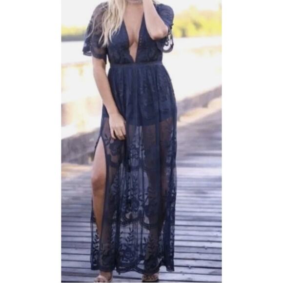 Honey Punch Romper Dress Womens Size S Embroidered Boho Lace Maxi Overlay - Picture 1 of 12